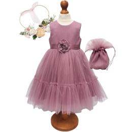 Girls Dusky Pink Organza Dress with Flower Sash